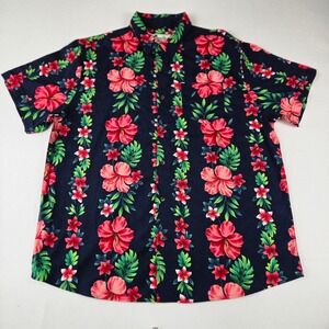 Oliver & Burke Button Down Shirt Mens XXL‎ Navy Blue Tropical Hibiscus (T9)